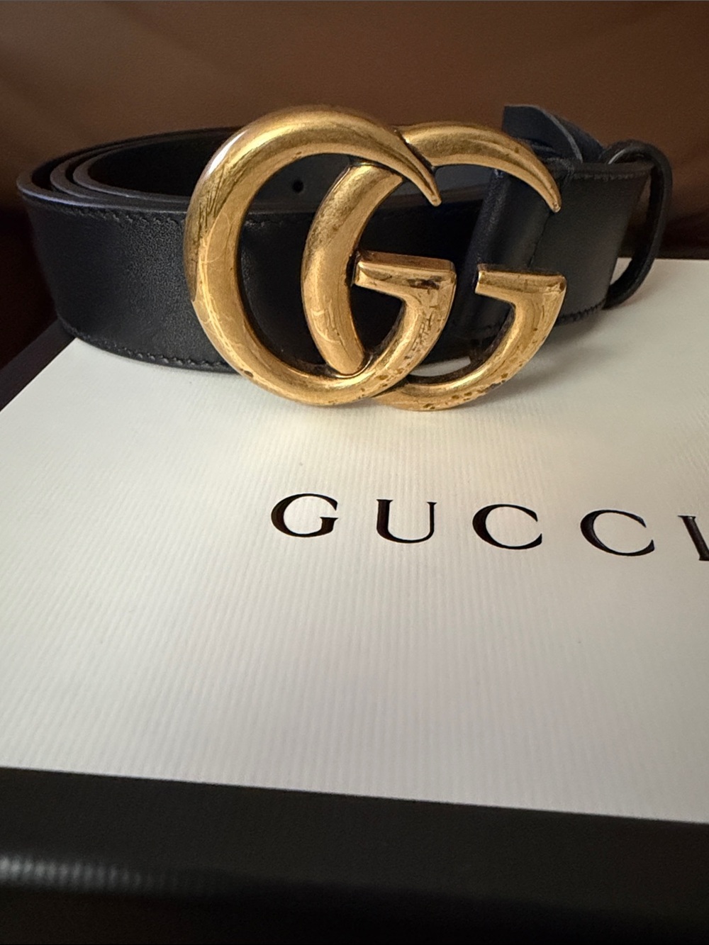 Gucci Black Leather Belt with Antiqued Gold Double G Buckle